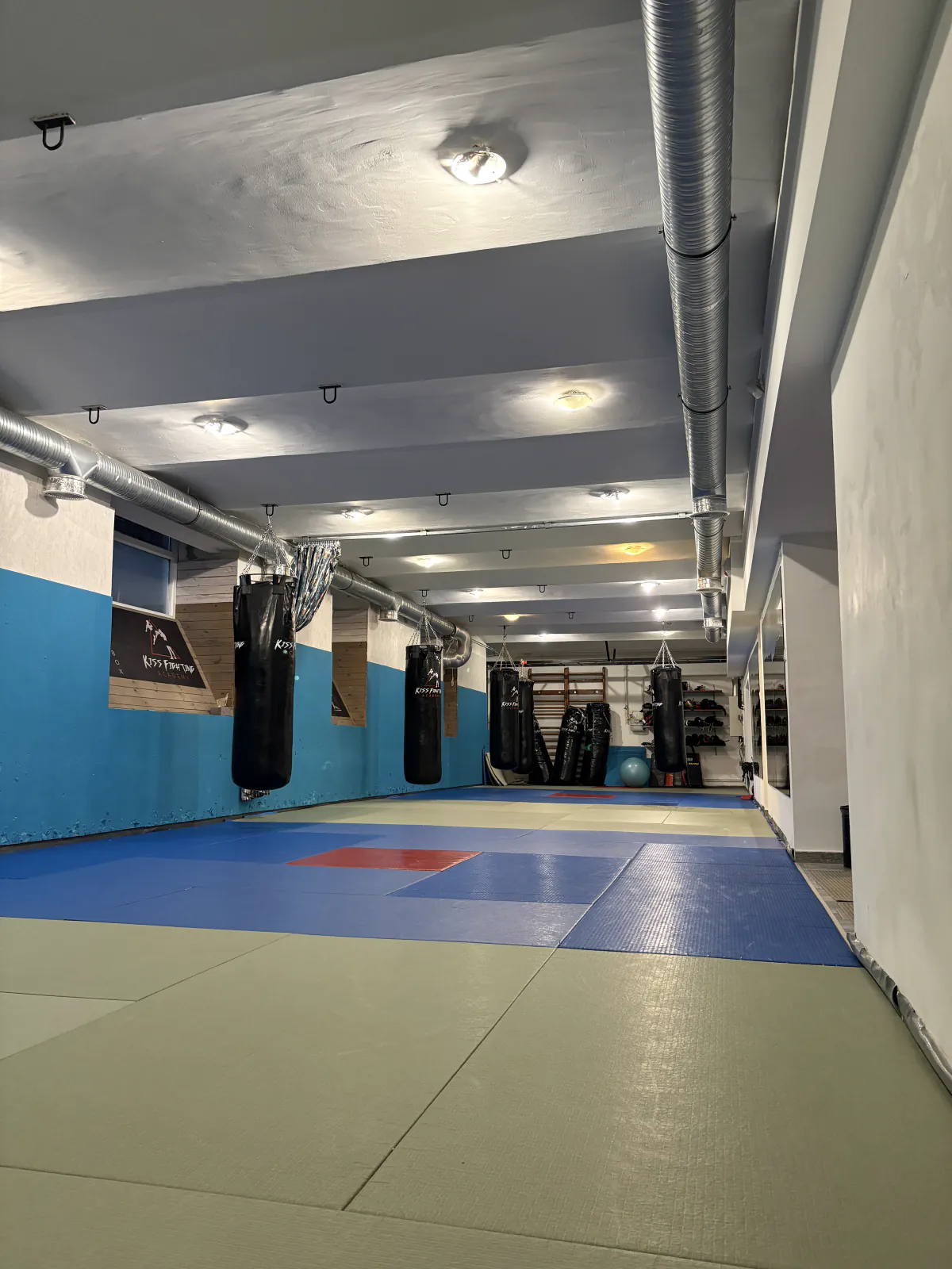 A Kiss Fighting Academy hosszú, tatamival borított edzőtere boxzsákokkal
